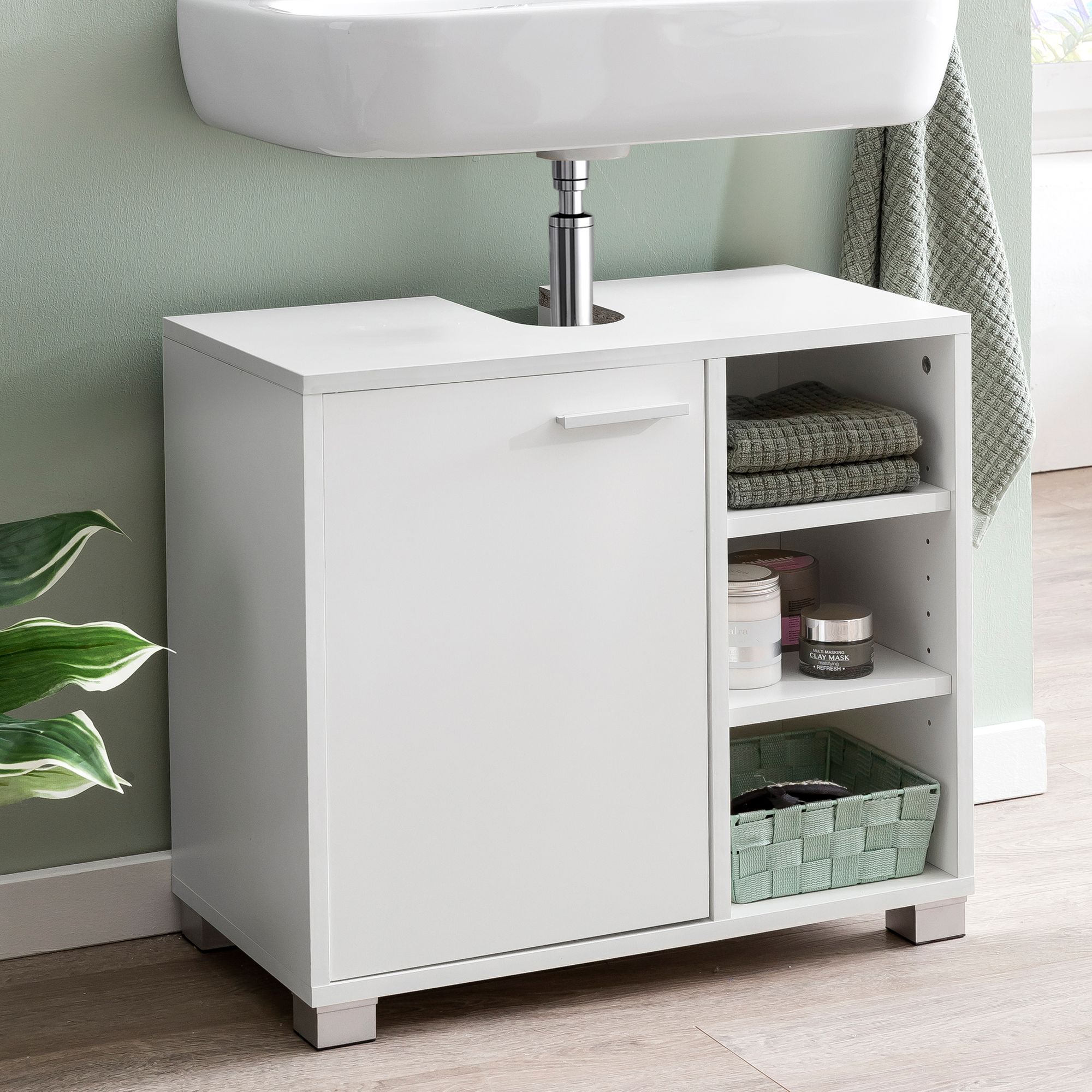 Meuble vasque 60x55x32cm meuble de salle de bain blanc avec porte
