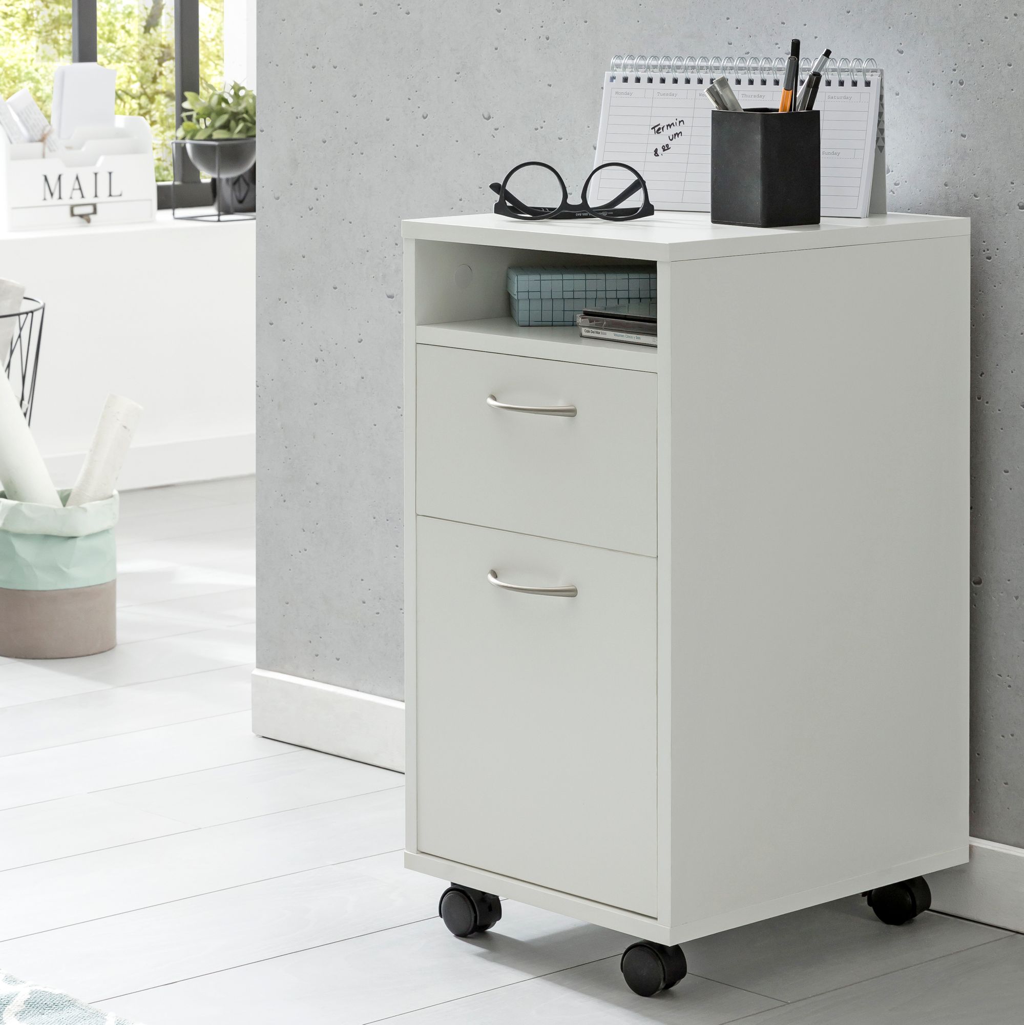 Conteneur roulant blanc 33x63x38 cm meuble bas de bureau bois