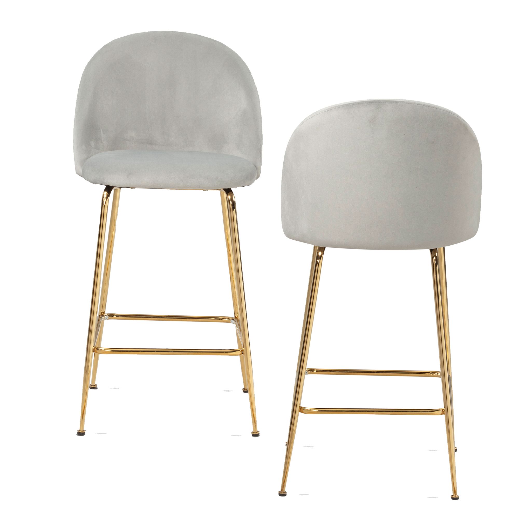 2er Set Tabourets de Bar en Velours Gris | Pieds en Métal Doré | 50x50x102 cm