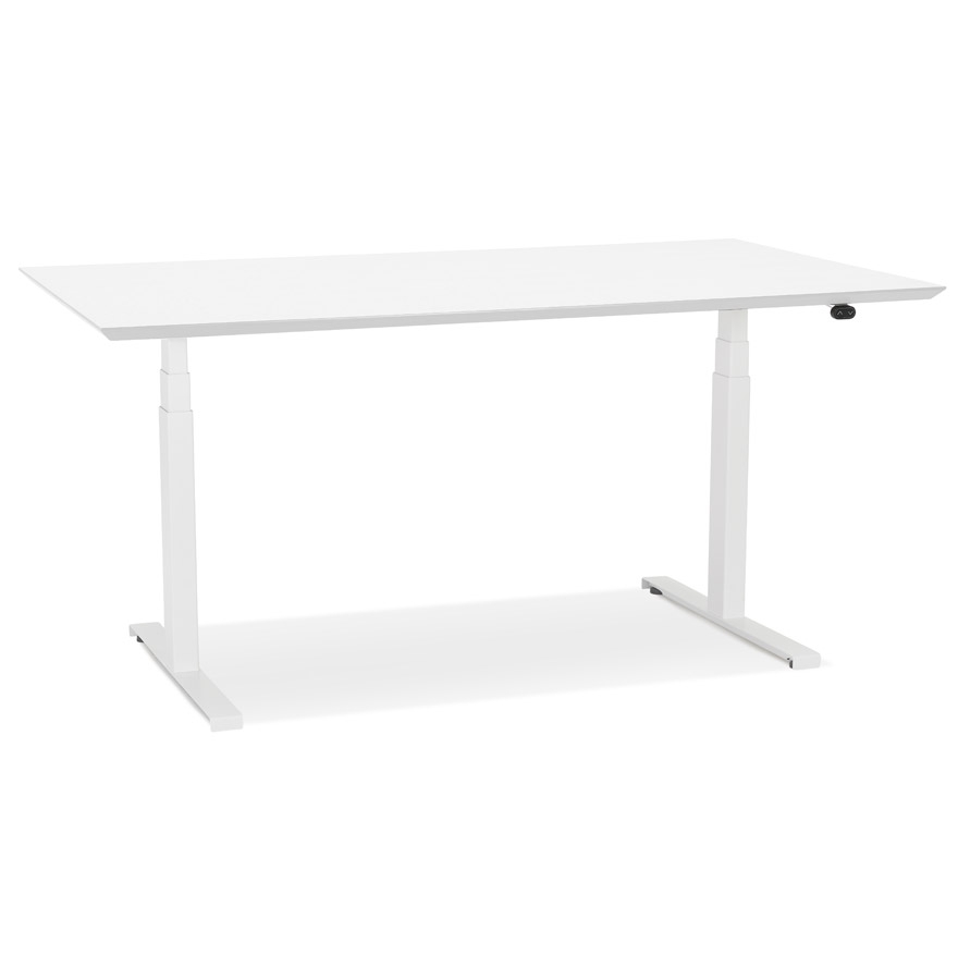 Bureau assis-debout électrique | Plateau bois MDF peint blanc | Pieds métal blanc | 150x70 cm