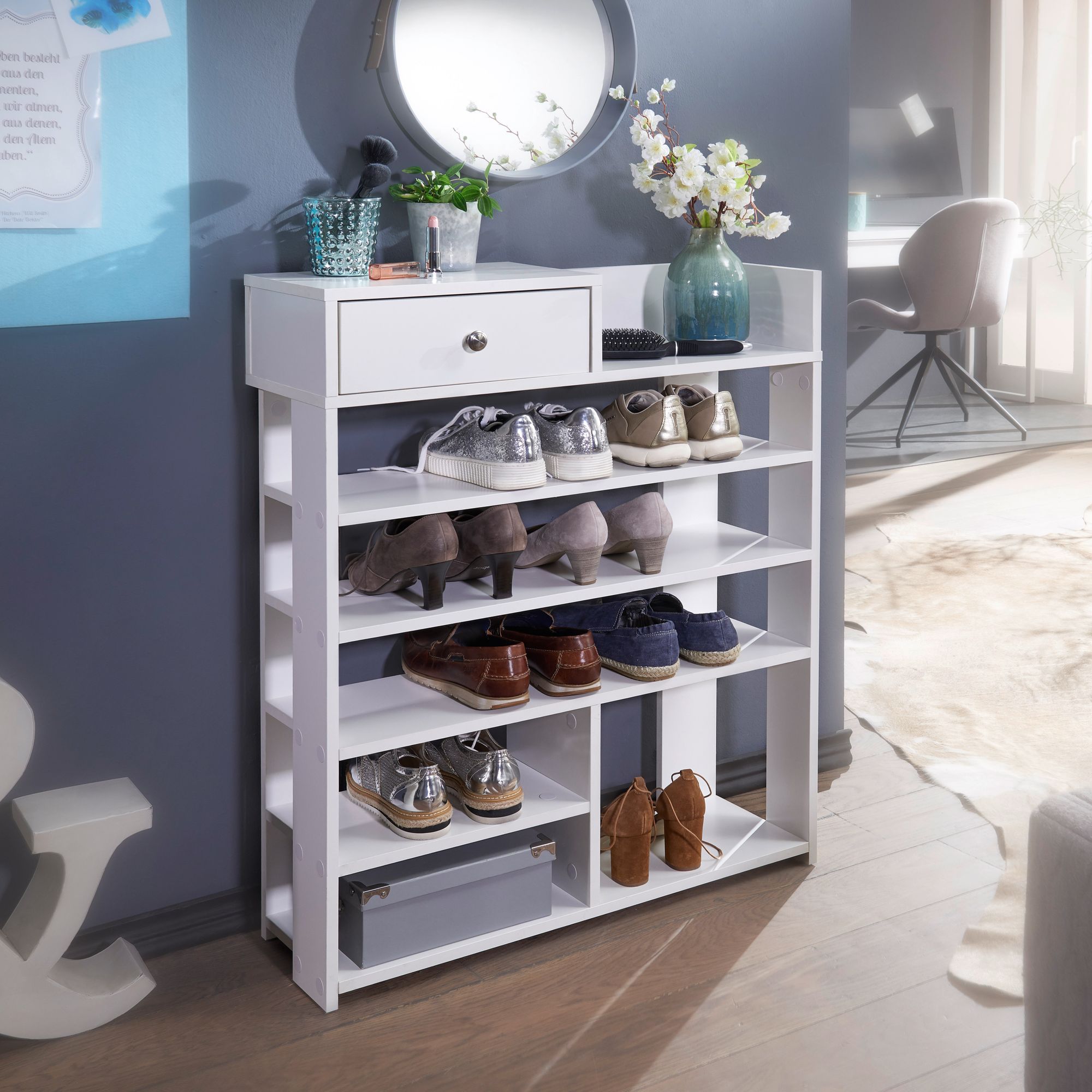 Étagère à chaussures Design 75 x 92,5 x 24 cm étagère de couloir blanc, avec 7 compartiments et avec tiroir