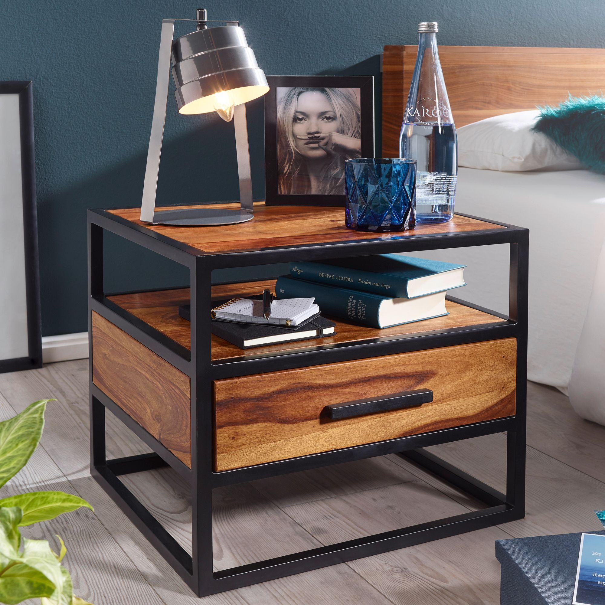 Console de nuit 50 x 45 x 45 cm bois de sheesham métal noir