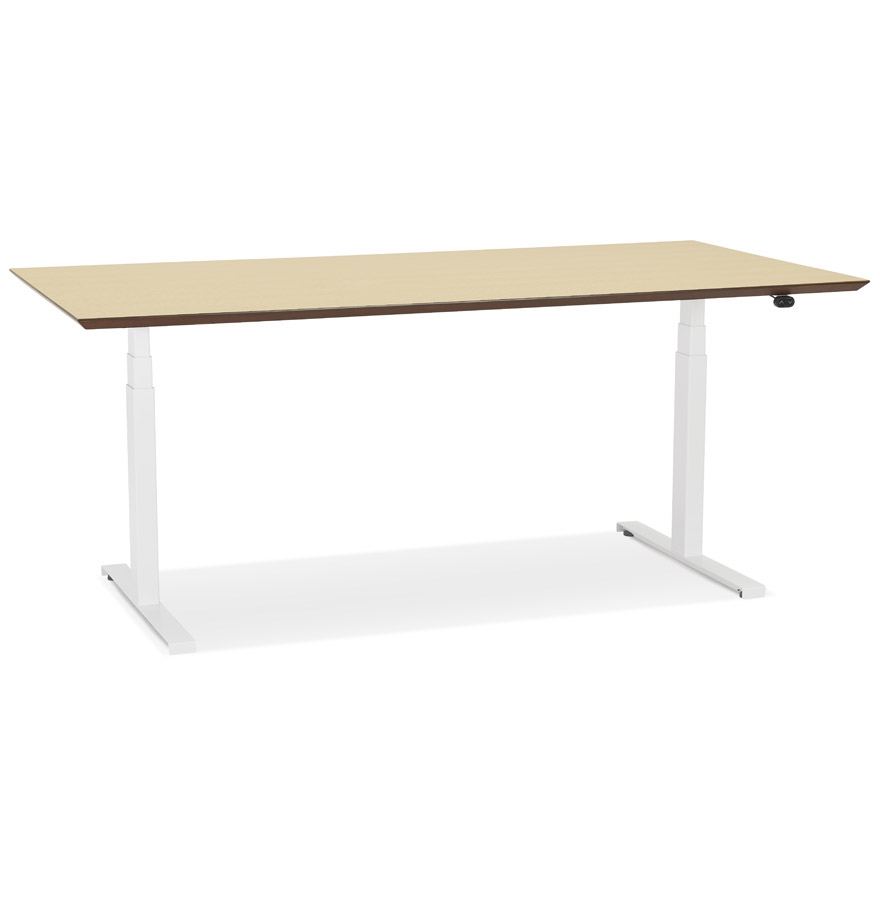 Bureau assis-debout électrique | Plateau bois plaqué chêne naturel | Pieds métal blanc | 180x90 cm