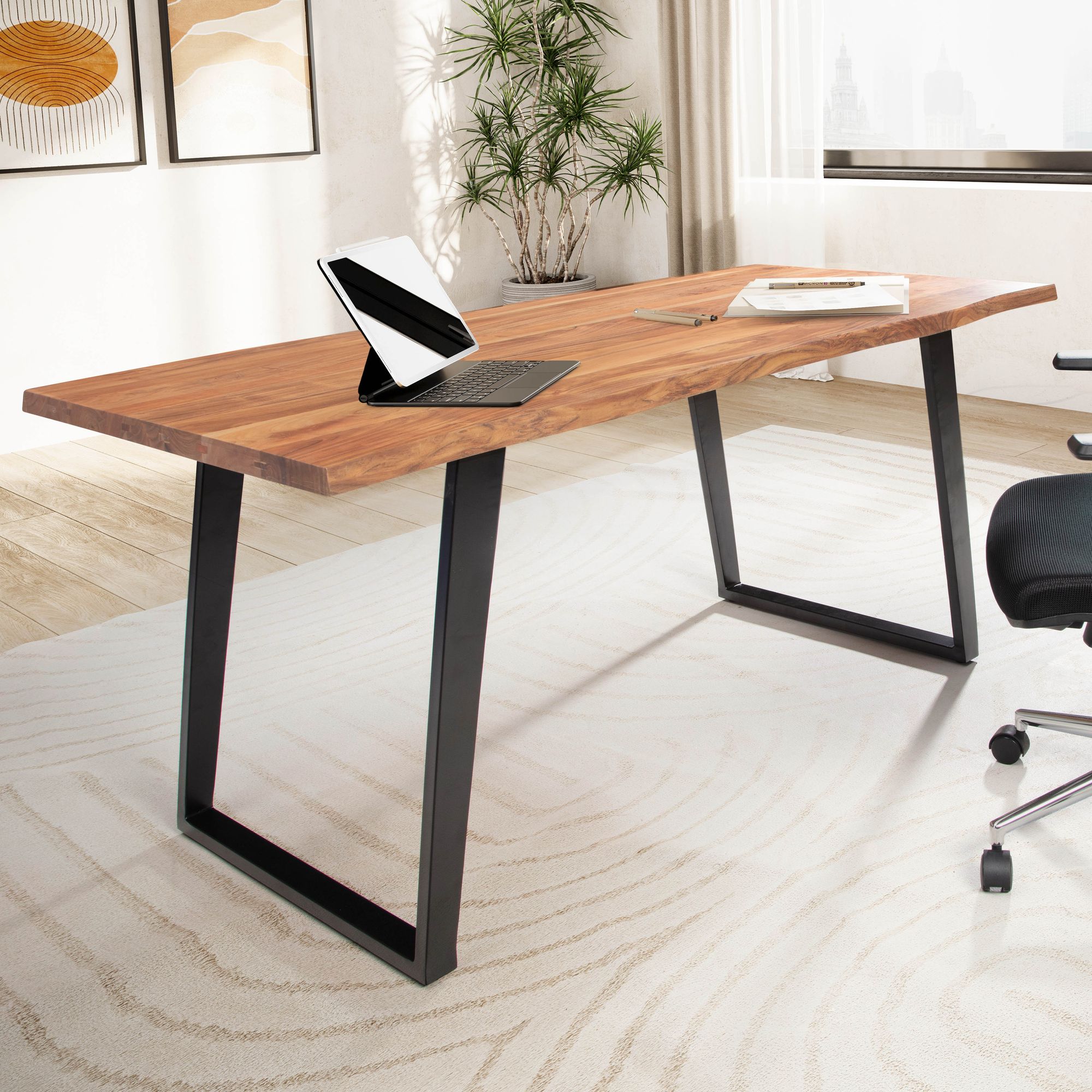 Bureau en bois massif d'acacia 120x60x76 cm | Plateau naturel à bords irréguliers | Pieds U en métal noir