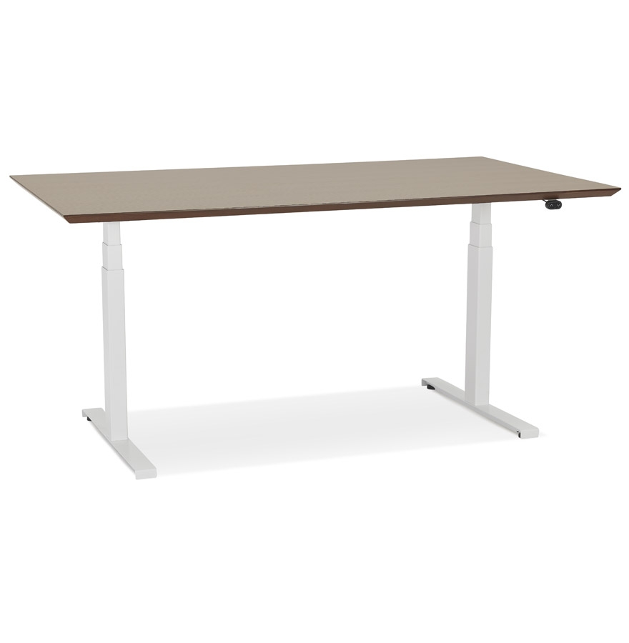Bureau assis-debout électrique | Plateau bois plaqué noyer | Pieds métal blanc | 150x70 cm