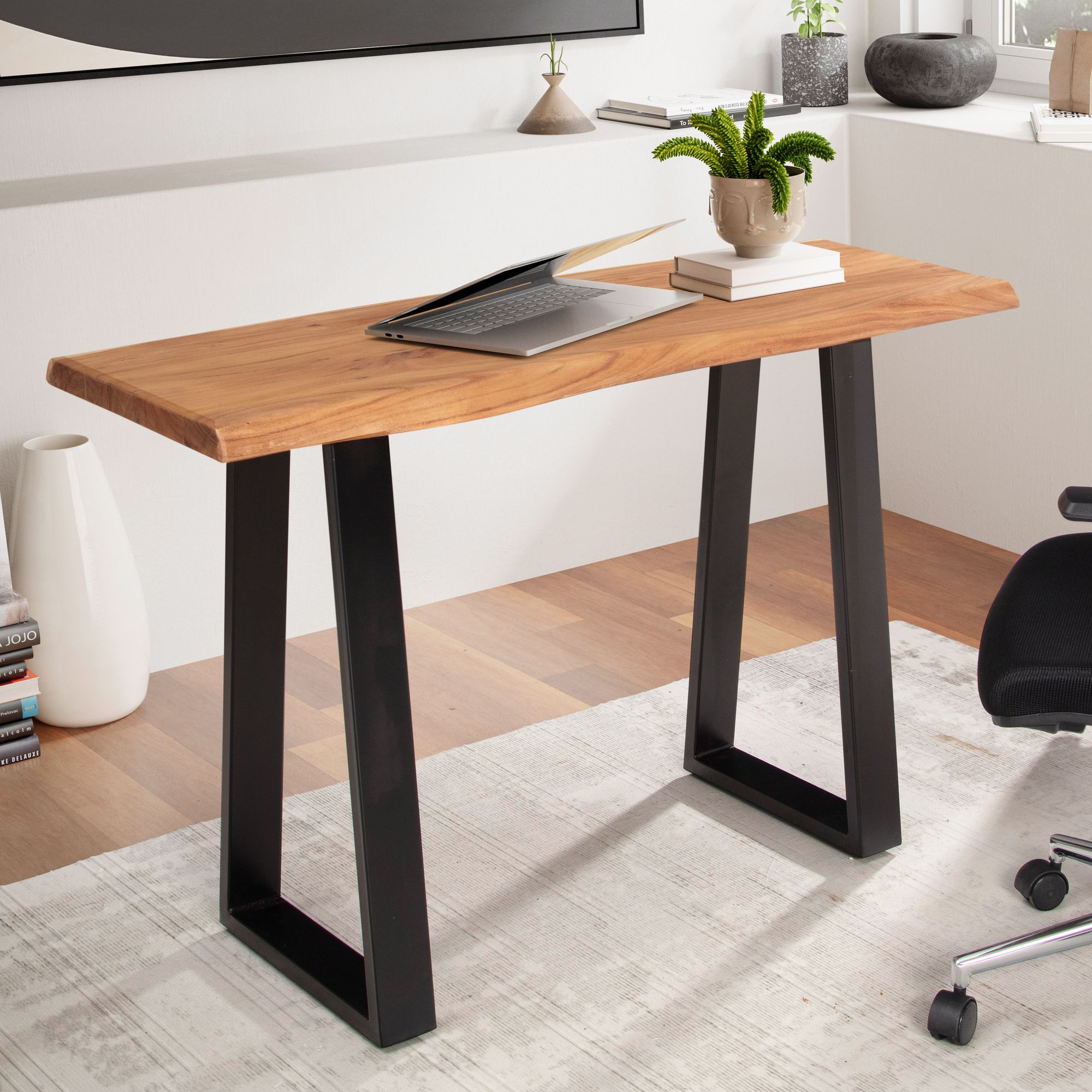 Bureau en bois massif d’acacia avec pieds métal | Couleur bois naturel & noir | 118x41x76,5 cm