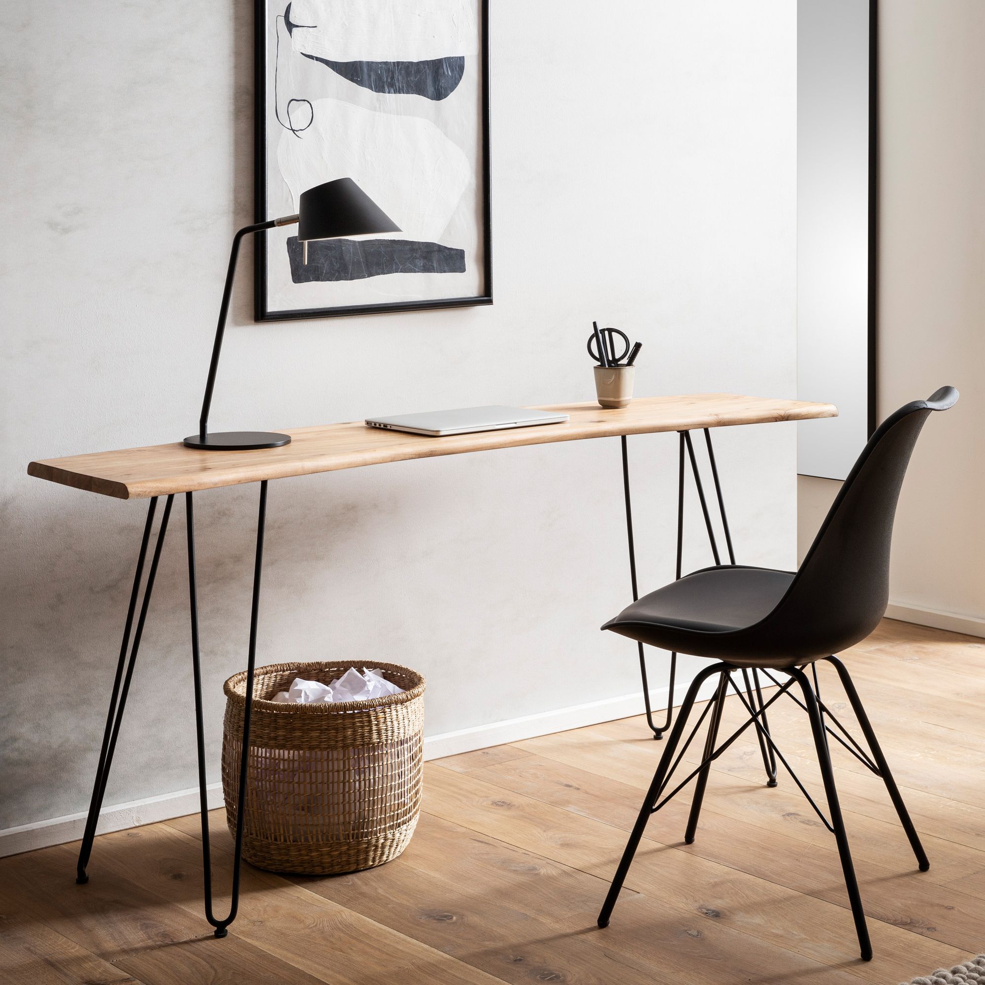 Bureau en bois massif d'acacia et métal | Couleur bois doré clair et noir | 150x36x75 cm